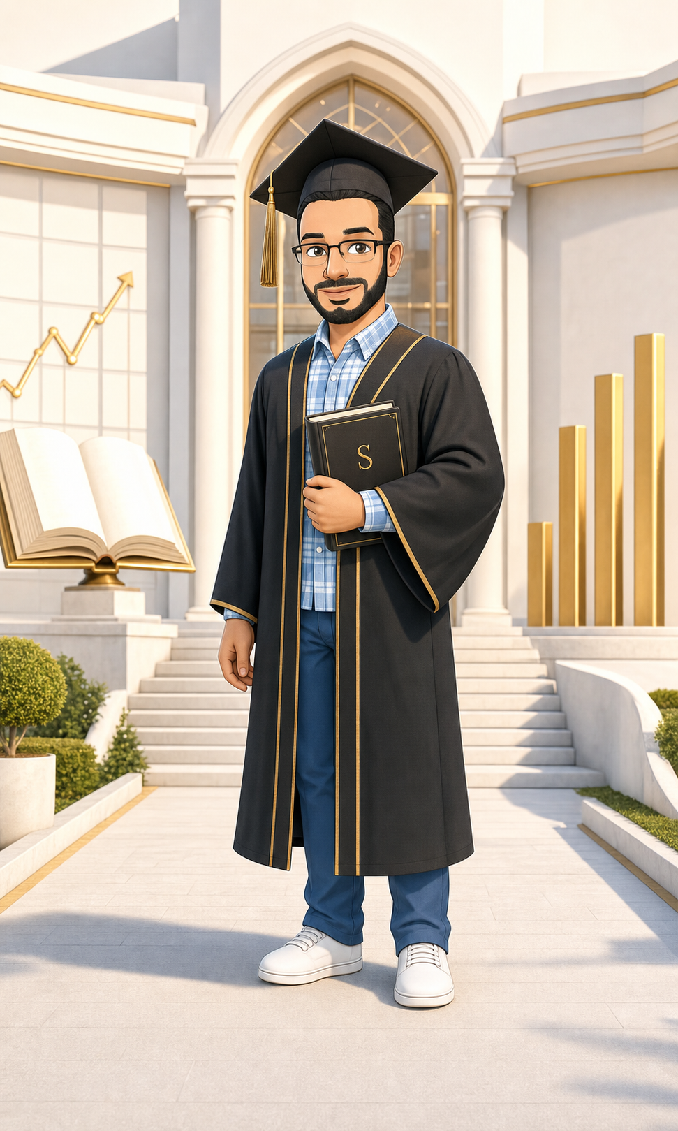 شريف بملابس التخرج في مؤسسة تعليم مالي